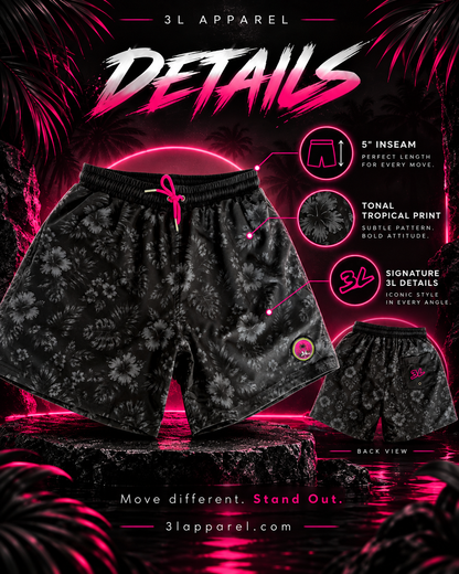Promotional product graphic for 3L Apparel shorts showing the front and back views of black tropical-print athletic shorts with a pink drawstring, set against a dark neon pink and black background with feature callouts.
